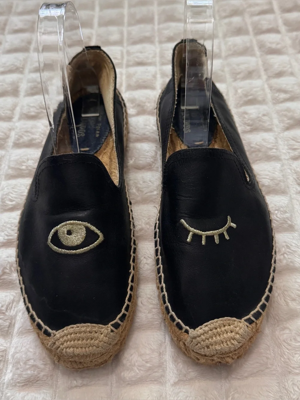 Soludos x Jason Polan 7.5 Eye Wink Black Leather Espadrille Flats Shoes